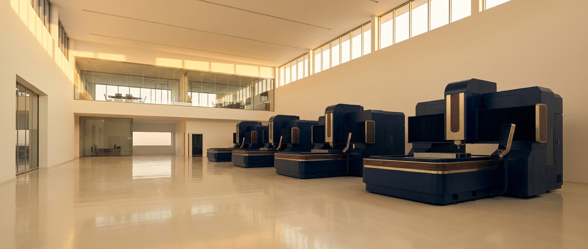 A pristine precision manufacturing hall with a row of navy machines under warm clerestory light